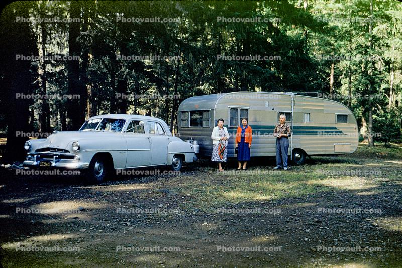 Car, Trailer, forest, trees, glamping, Automobile, Vehicle, 1950s