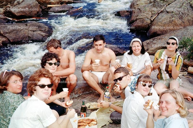 Lunch Time, Happy Campers, Men, Women, cateye glasses, eating, Croissant, 1960s