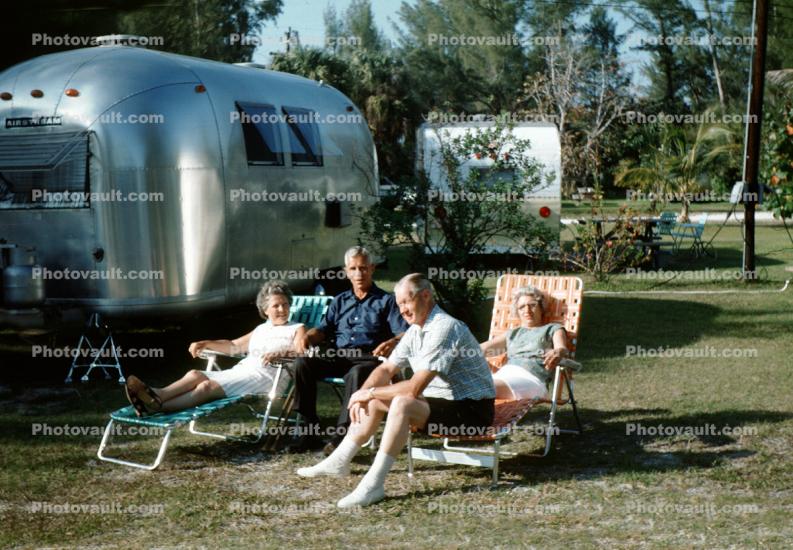 Airstream Trailer, lounge chairs, recliner, campsite, April 1968, 1960s