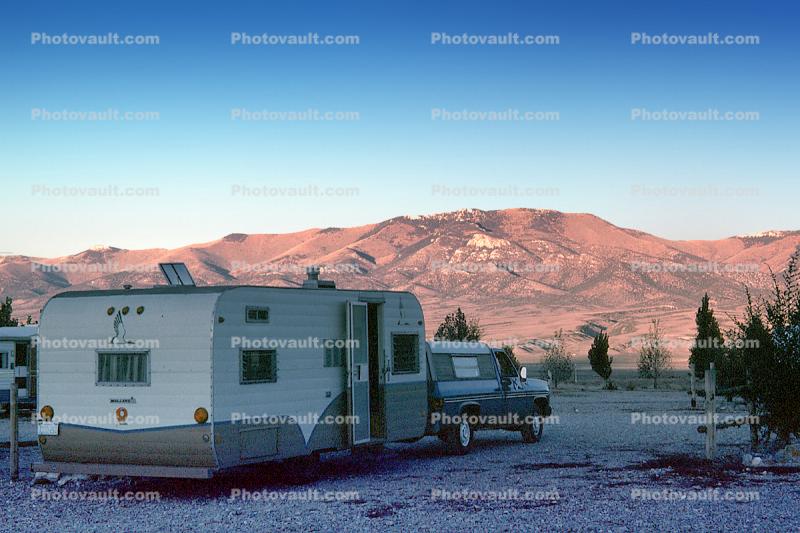 Mallard Camper Trailer, Pick-up Truck, KOA campground, Ely Nevada, October 1980, 1980s