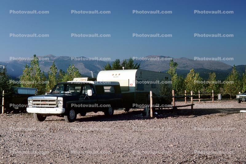 Trailer, Pick-up Truck, KOA campground, Ely Nevada, October 1980, 1980s
