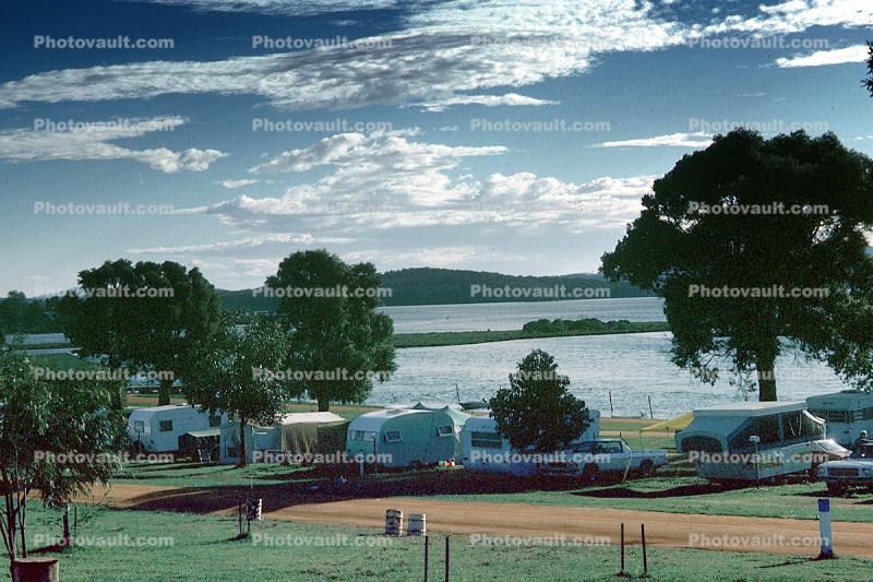 Tents, Trees, Lake, campsite, trailers, Cars, vehicles, Mallacoota Inlet Australia, April 1982, 1980s