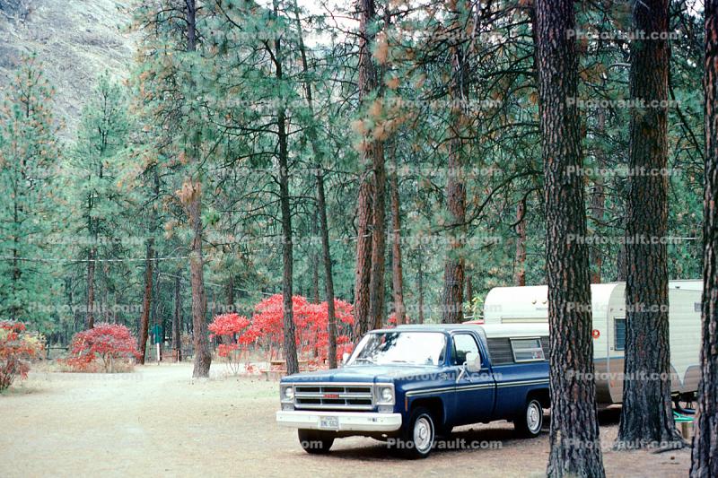 Campsite, Mallard Camper Trailer, pickup truck, Chevy, Forest, Trees, Penticton, September 1983, 1980s
