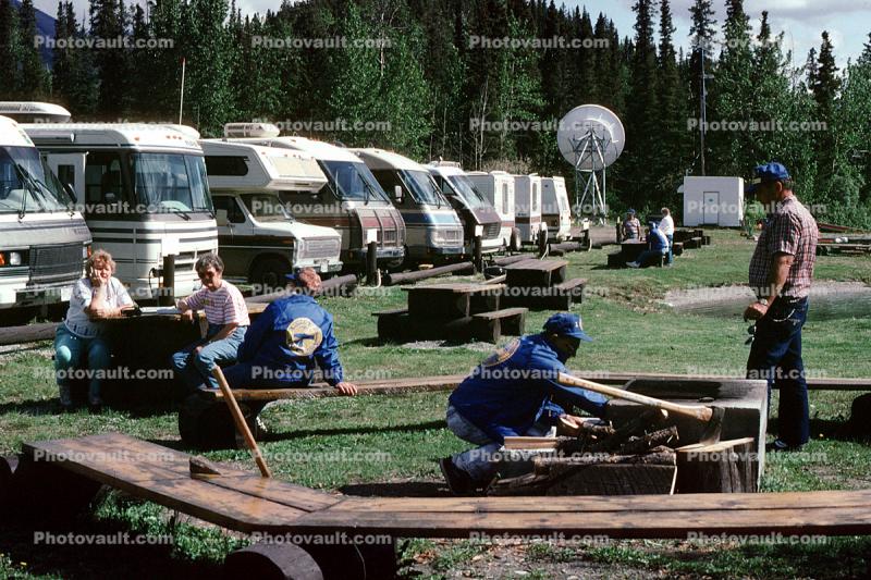 roadside stop, Picnic Table, campfire, benches, forest, glamping, Motorhome, Muncho Lake, June 1993