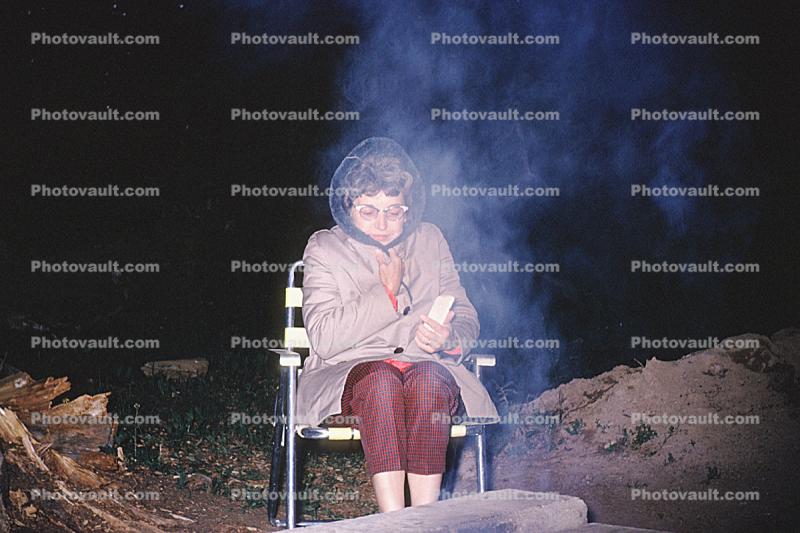 Cold and Bundled up by a campfire, Nighttime, June 1966, 1960s