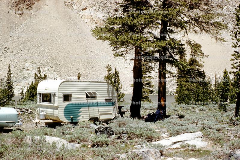 Camping Trailer, campsite, eastern Sierra-Nevada mountains, June 1959, 1950s