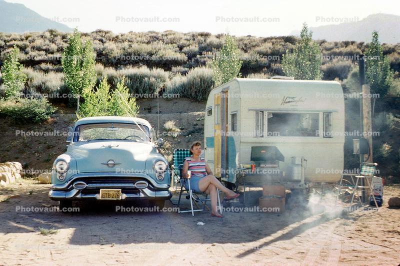 Hummingbird Camper, Trailer, Oldsmobile, BBQ, Barbecue, Car, vehicle, August 1959, 1950s