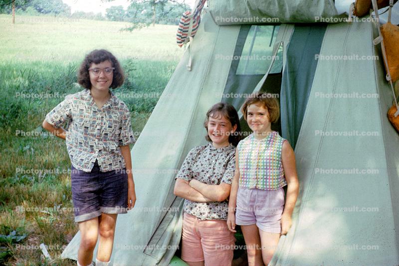 Girls, Camping, Tent, smiling, cateye glasses, June 1964, 1960s