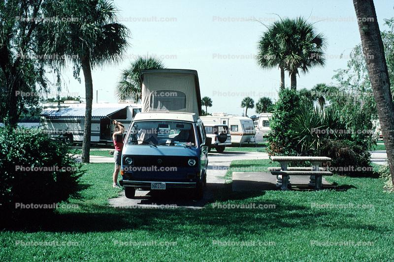 Volkswagen Van, Camper, trailer park, picnic bench