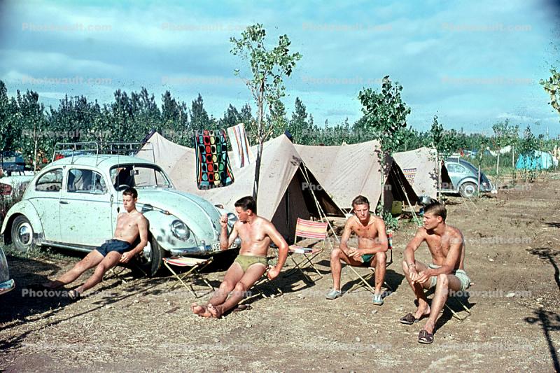 Men, Guys, Volkswagen, VW-Beetle, VW-Bug, Sunburn, Shirtless, Sitting, Tents, 1960s