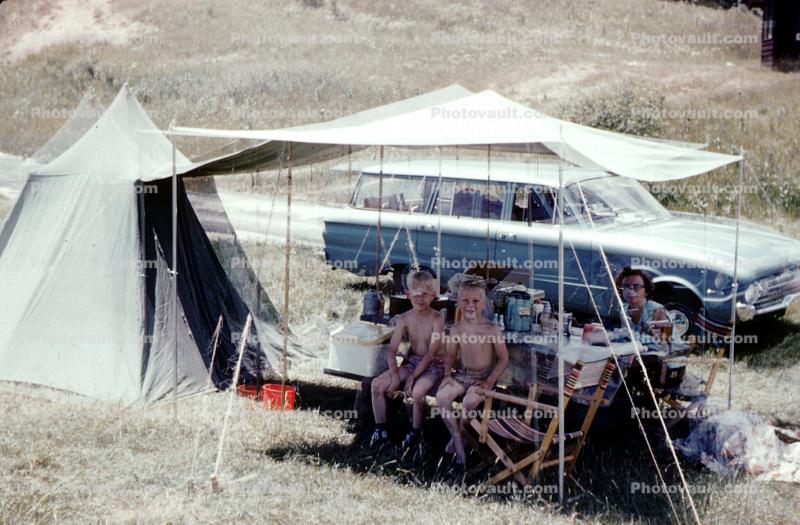 Boys, Tent, Ford Falcon Stationwagon, Car, vehicle, Mauthe Lake, Campbellsport, 1962, 1960s