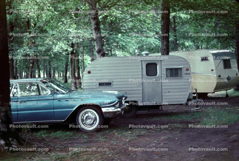 1961 Buick LeSabre, Trailer, campsite, Buick car, 1960s