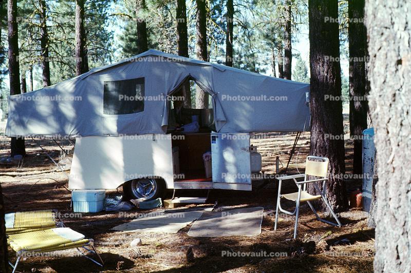 Campsite, Coleman Camper Trailer, Lake Almanor California, July 1971, 1970s