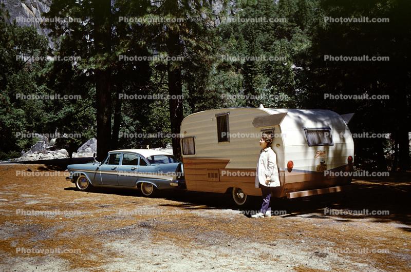 Vintage Shasta Trailer, Campsite, 1957 Plymouth Belvedere, car, fins, June 1962, 1960s
