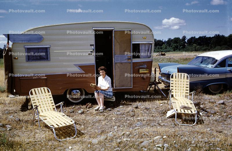 Vintage Shasta Trailer, Campsite, 1957 Plymouth Belvedere, car, fins, lounge chairs, 1950s