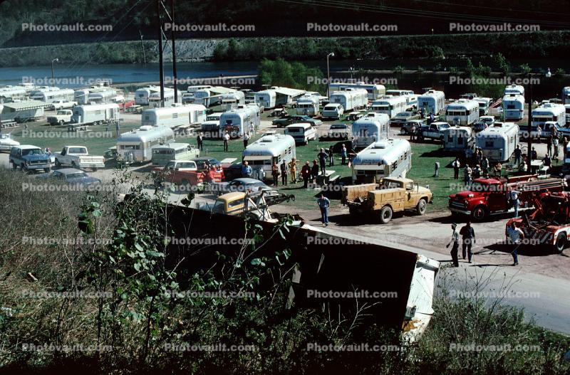 Trailers, Campsite, trucks, cars, River, October 1975, 1970s