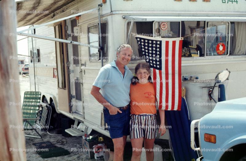 Father and Daughter, Holiday Ramblers, Trailer Camping, Daytona Beach, Florida, April 1976, 1970s