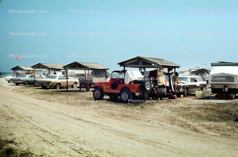 Jeep, cars, Trailer Camping, Daytona Beach, Florida, April 1976, 1970s