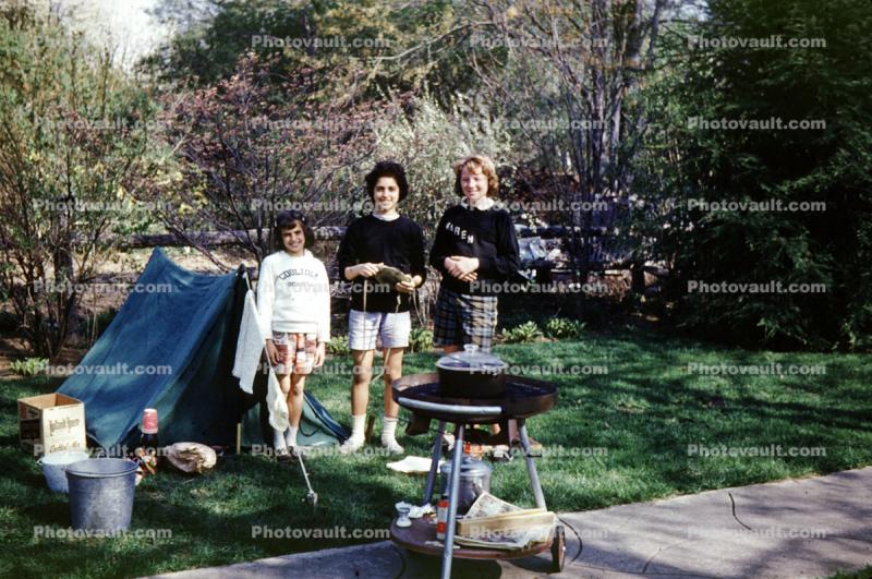Backyard Camping, Tent, girls, BBQ, June 1962, 1960s