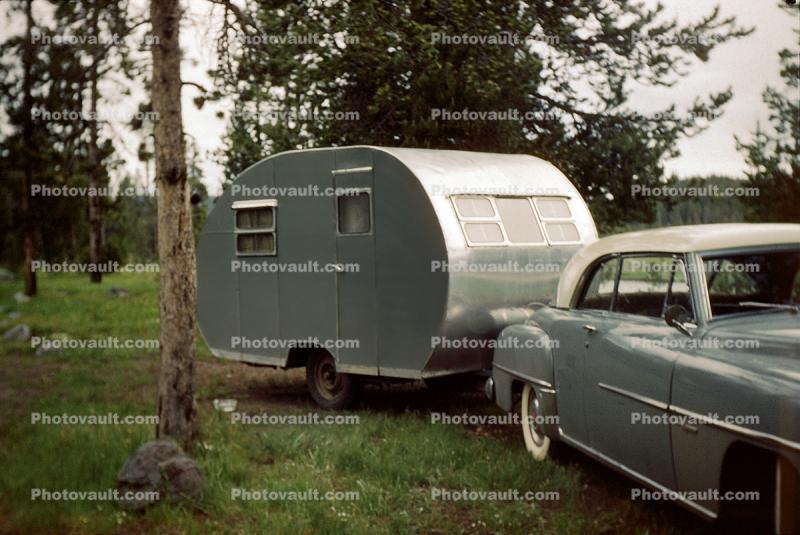 Dodge Car, aluminum trailer, campsite, 1950s