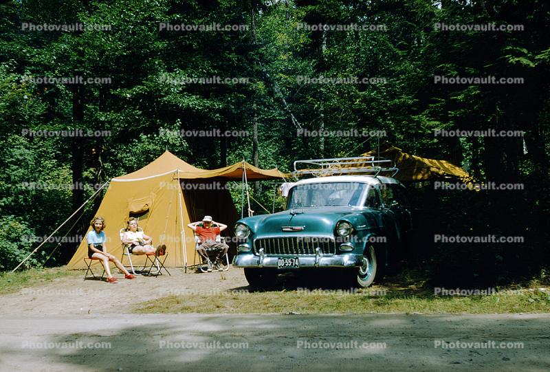 Chevrolet Bel Air, Tent, Woman, Forest, 1950s