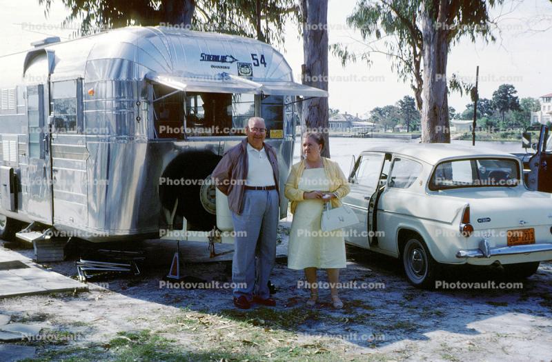 Streamline Countess aluminum trailer, 1962 Ford Anglia, 1960s