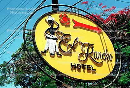 El Rancho Hotel, bongo drums, arrow, hat, man