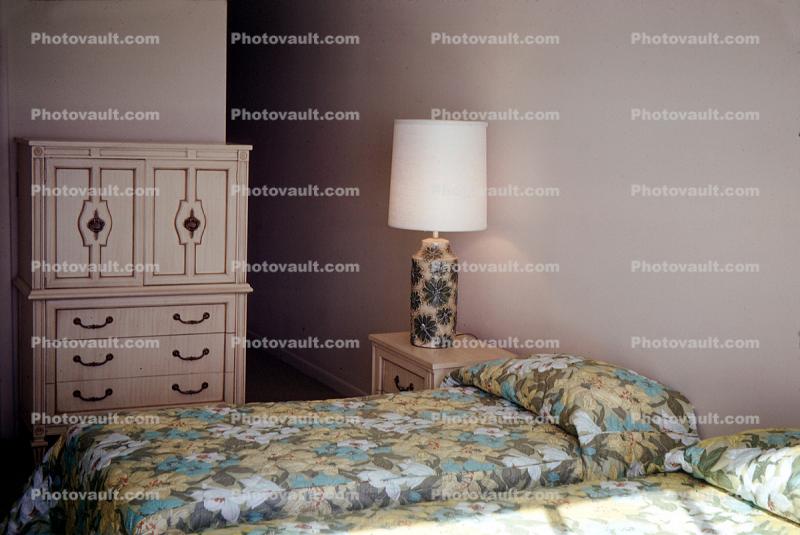 Bed, Lamp, dresser, pillow, 1970s