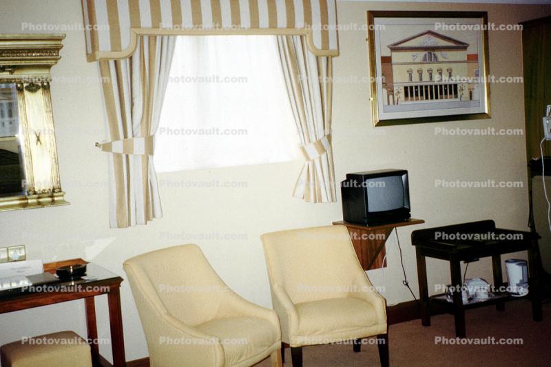 Room, Wall, Drapes, Lamp, Television, Framed Print, Inside, Interior, Indoors, 1960s