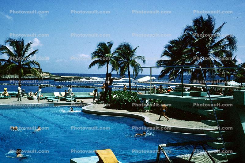 Swimming Pool, Ocean, Poolside, Hilton, Water, Palm Trees, Exterior, Outside, Waves, Swimmers, 1960s