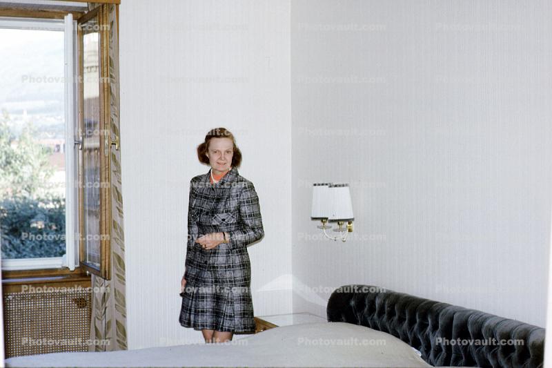 Woman, Dress, Formal, Room, Bed, Lamps, Wall, 1960s