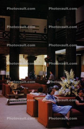 Lobby, Hotel, Woman, Glacier Nationa Park Lodge, Montana, 1950s