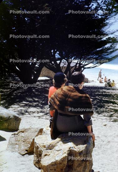 Beach, women, mink stole, fur shawl, Carmel California, April 1950, 1950s