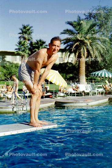 Man, Diving Board, Swimming Pool, 1950s