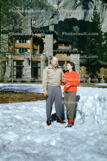 Awahnee Lodge, Hotel, Winter, Couple, Man, Woman, 1950s