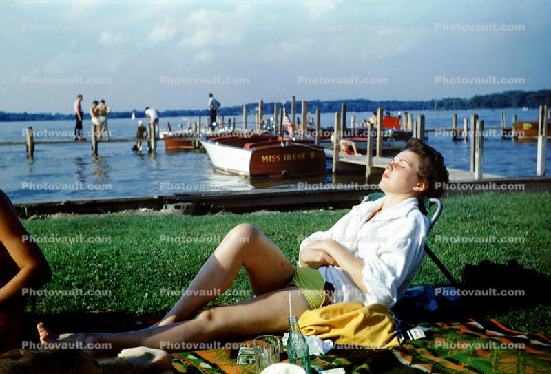 Recliner, Relaxing, Lounging Woman, Docks, Pier, Boat, Lake, 1940s