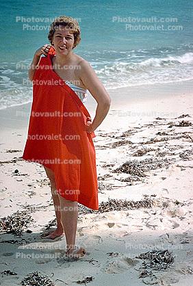 Woman on Beach, Towel, Sand, Smiles, 1950s