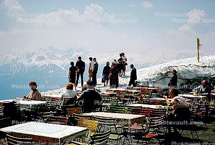 Overlook, overview, tables, tourists, view, snow, Innsbruck, Austria, May 1967, 1960s