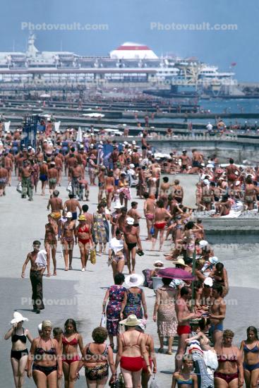 Crowds, Ships, Black Sea, Sochi Russia, 1980s