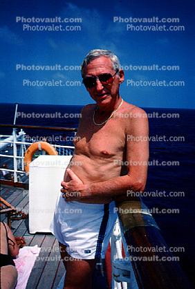 Man in Swim Trunks, sun, sunburn, senior male