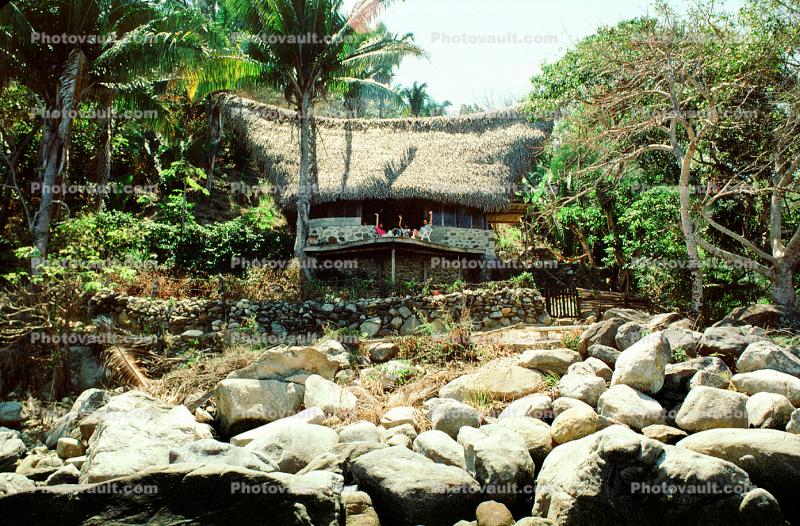 Thatched Roof Home, House, stone, rocks, jungle, Yelapa, Mexico, Sod