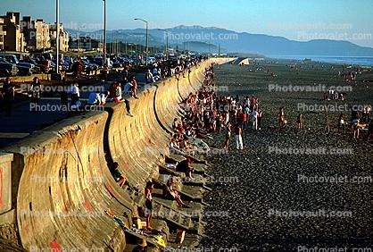 Seawall, Ocean-Beach, beach, sand, ocean, people, 1980s