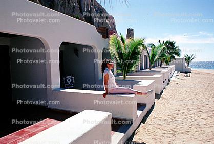 Beach, Hotel, Pacific Ocean, Woman Sitting, Palm Trees