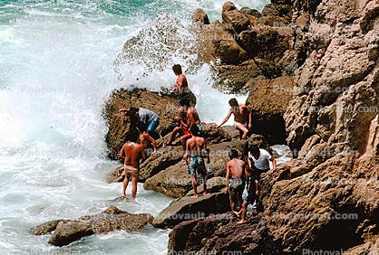 Rocks, Man, Waves, Rocks, Sun Worshipper, Puerto Vallarta