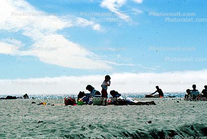 Beach, Child, Women, Sand, Clouds, Sun Worshippers