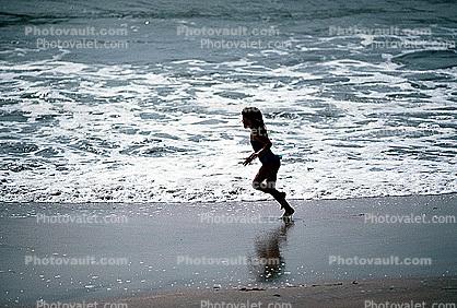 Girl, Running, Beach, Water, Foam, Reflection