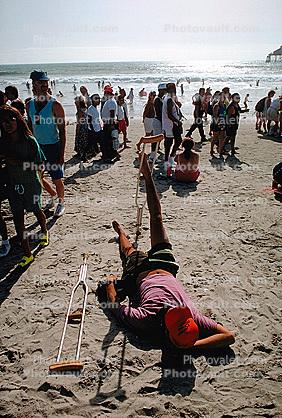 man, male, crutches, sand, people, Imperial Beach, San Diego