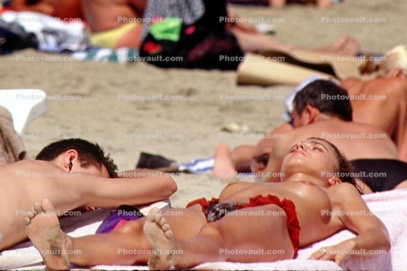 Sun Worshippers, Sand, Beach, Ocean, Barcelona, Spain