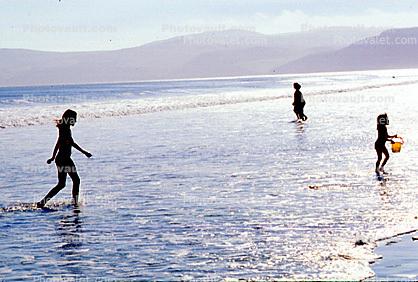 Drakes Bay, pacific ocean, water, beach, girls, waves, bucket, walking