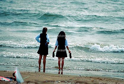 School Girls on the Beach, barefoot on the beach